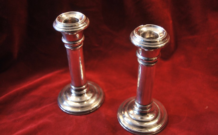 Pair of Solid Silver English Chester Candlesticks 1909,&nbsp;£175