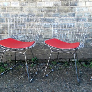 Set of 4 Harry Bertoia Design Steel Mesh Chairs with Red “Pill” cushions