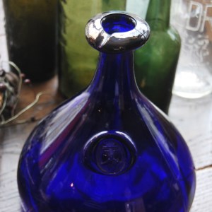 18th Century Style Bristol Blue Glass Wine Bottle with Lion Monogram 