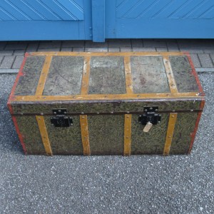 1930s Vintage French Metal & Wooden Banded Trunk 