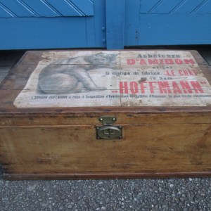 Vintage French Small Pine Trunk with “Le Chat” Print 