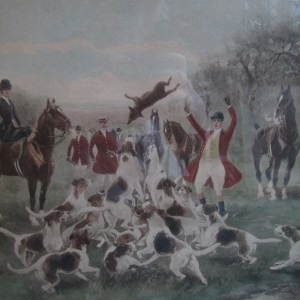 Oak Framed Hunting Lithographs, hand coloured ft. “Badly Beaten” & “Who Whoop” c.1900