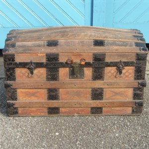 Late Victorian Wooden Boarded Travel Chest with Domed Lid 