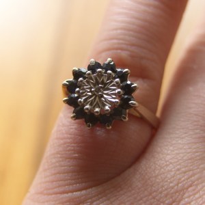 9 carat Gold Ring with Blue Sapphires & Diamonds in a platinum setting 