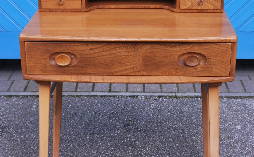 Rare 1960s Ercol Writing Table in Solid Elm with Beech&nbsp;Legs